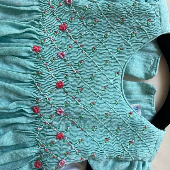 Luli and Me Aqua Blue Dress with Pink Flower Smocking, 24 Months - Picture 4 of 5